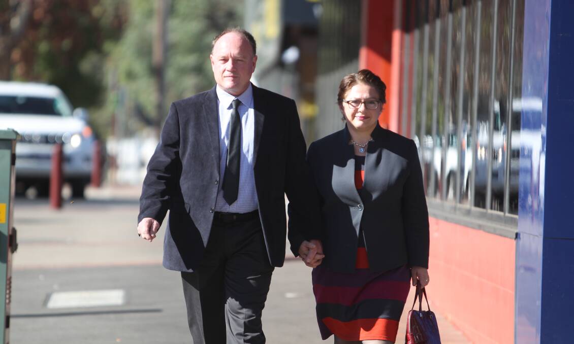 UNITED: Greg and Sophie Mirabella arriving in court yesterday. They will give evidence along with Ms McGowan, Mr Wyatt, Liberal Party Benalla branch president Tony Schneider and former Liberal Party field officer Karen Rourke.