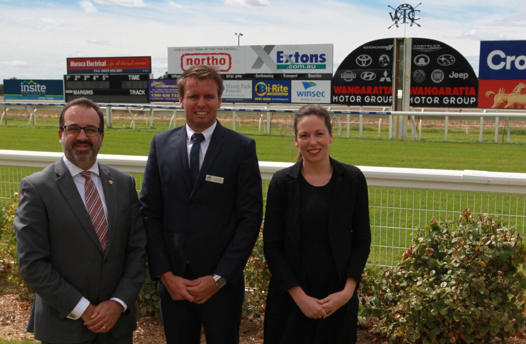 BIG PLANS: Racing Minister Martin Pakula, Wangaratta Turf Club executive officer Paul Hoysted and Northern Victorian MP Jaclyn Symes at Wednesday's funding announcement.