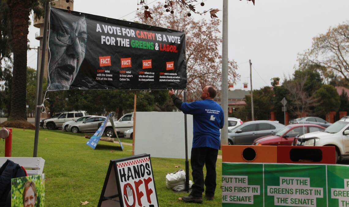 Greg Mirabella with the Liberal Party poster in Wangaratta during the 2016 federal election.