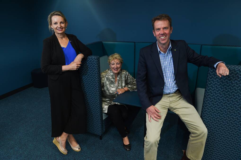 FEDERAL VISITOR: Farrer MP Sussan Ley, Charles Sturt University's Jennifer Munday and Education Minister Dan Tehan during a visit to the university's Albury campus yesterday. Picture: MARK JESSER