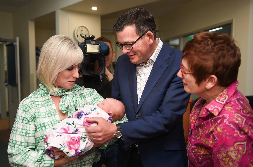 LABOR MATERNITY VISIT: Cath and Daniel Andrews with baby Sienna Barry and Ovens Valley candidate Kate Doyle at Wangaratta hospital on Monday. Picture: MARK JESSER
