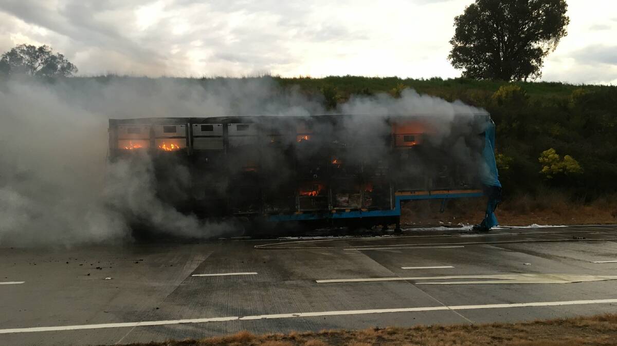 IN FLAMES: The truck on fire at Woomargama on Friday morning. Picture: LIVE TRAFFIC NSW


