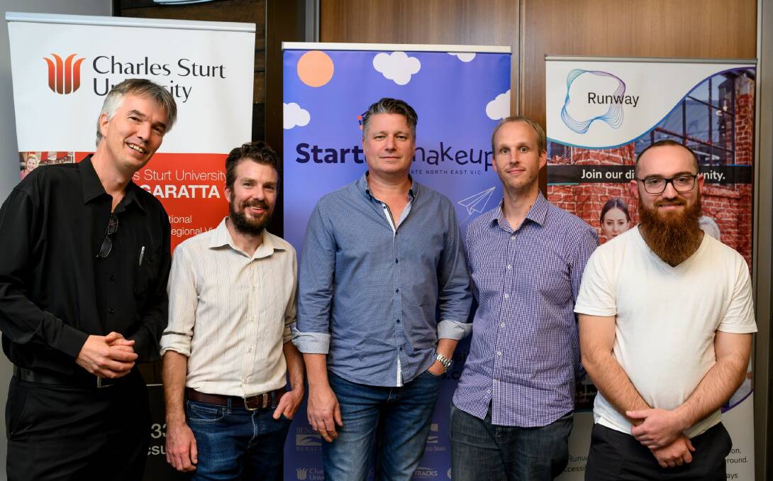 CONTESTANTS: Callum Morrison, Rohan Latimer, Matt Curtain, Jay Davis, and winner Sidney Steele at Startup Shakeup’s first pitch night in Wangaratta last week, one of several competitions held statewide. Picture: RICHARD ISKOV
