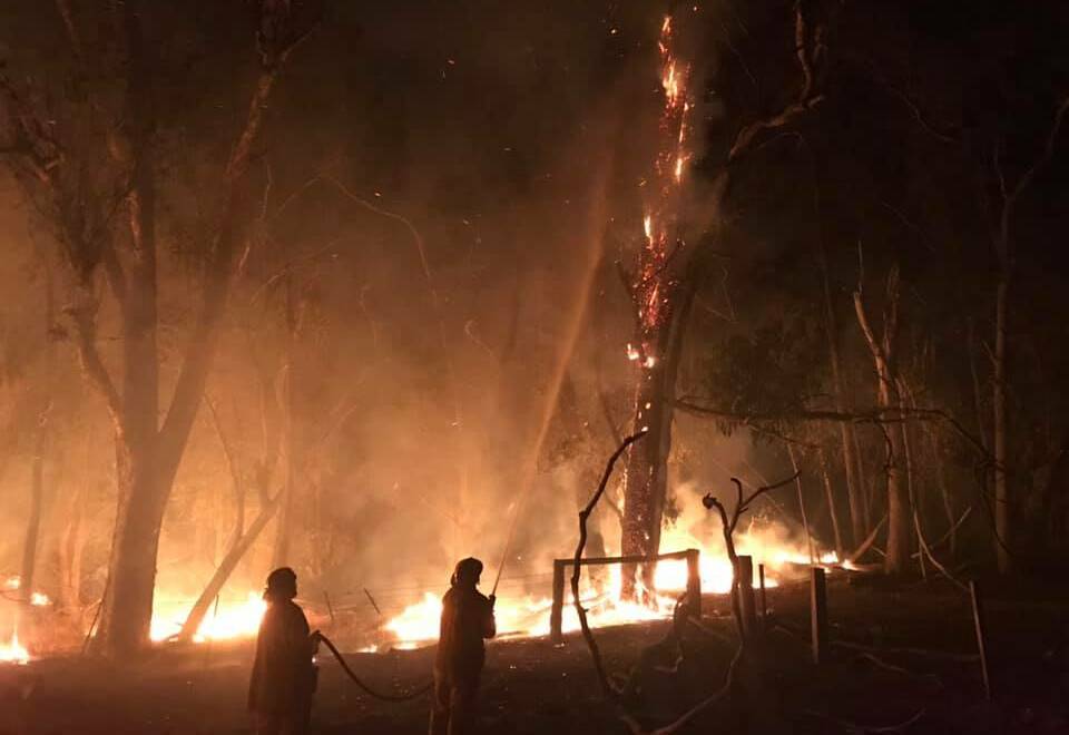ROARING FLAMES: Firefighters at work in Carboor. Picture: TARRAWINGEE FIRE BRIGADE