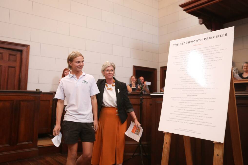 PRINCIPLES: Indi MP Helen Haines, pictured with Beechworth student Indigo Walker Stelling at the launch of the "Beechworth principles" in February, where North East people came together to demand an end to corruption.