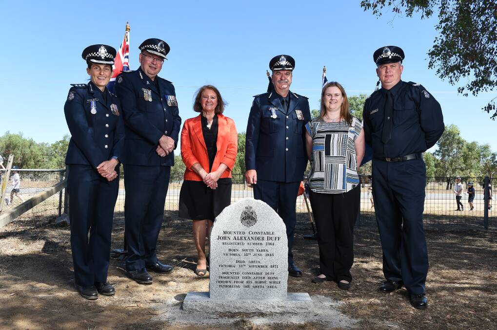 RESPECT: Inspector Kerrie Hicks, Chief Commissioner Graham Ashton, Heather Wood, Assistant Comm Glenn Weir, and Tamara and Jeremy Fitzpatrick. Picture: MARK JESSER