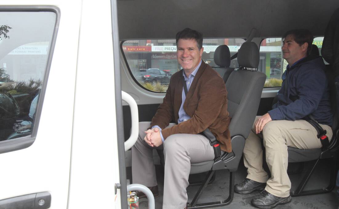 BUCKLED UP: Albury MP Justin Clancy, pictured with Regional Buses On Demand partner Matthew Kane, said the door-to-door bus service was an innovating and affordable solution to public transport issues in the region.