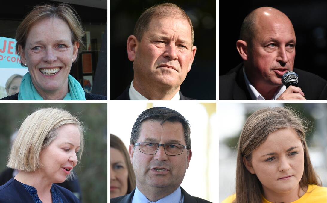 DIFFERENT VIEWS: (Top) Independent Jenny O'Connor, Nationals MP Tim McCurdy, Australian Party candidate Julian Fidge, (bottom), independent Tammy Atkins, Liberal MP Bill Tilley and independent Jacqui Hawkins.