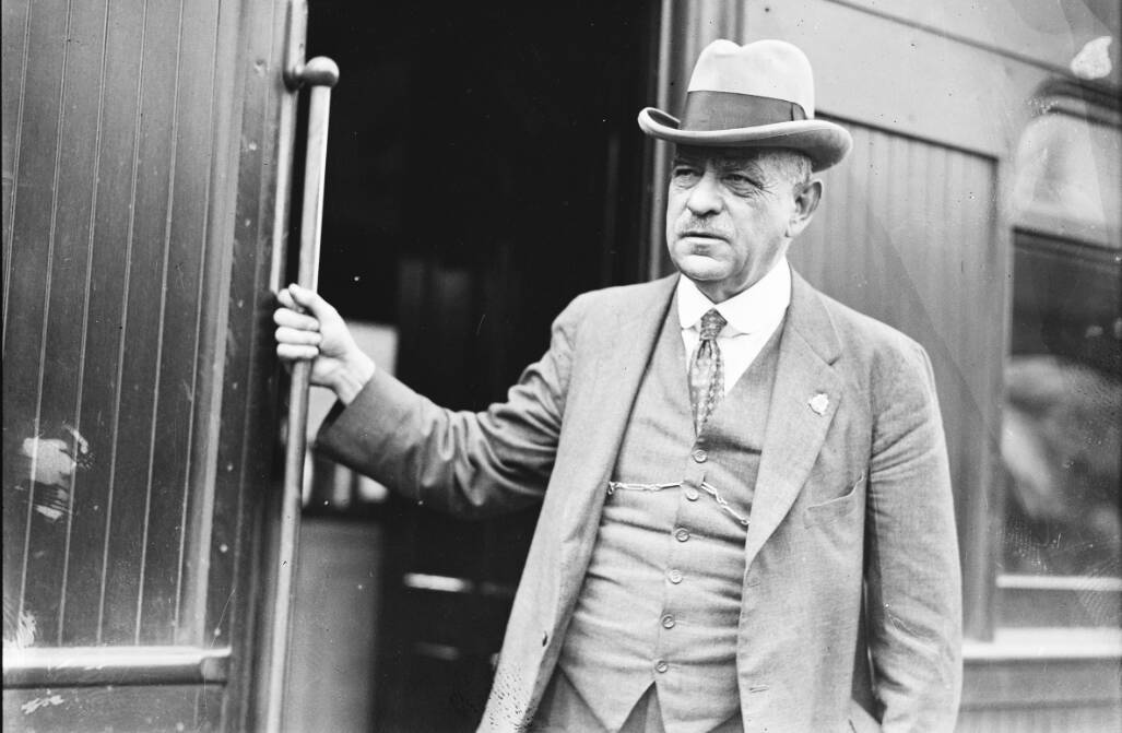Riding the rails: John Monash arrives in Sydney aboard a train in February 1929.