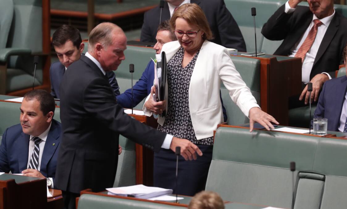 UNFAMILIAR TERRITORY: Russell Broadbent showed Farrer MP Sussan Ley to her new position on the backbench when Parliament resumed on Tuesday. Picture: ANDREW MEARES