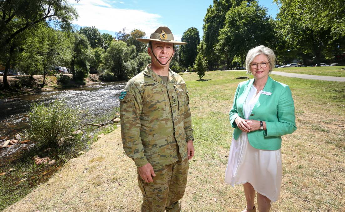 ALPINE VISIT: National Bushfire Recovery Agency deputy coordinator Major General Andrew Hocking and Indi MP Helen Haines were in Bright yesterday to discuss the region's recovery needs. Picture: JAMES WILTSHIRE