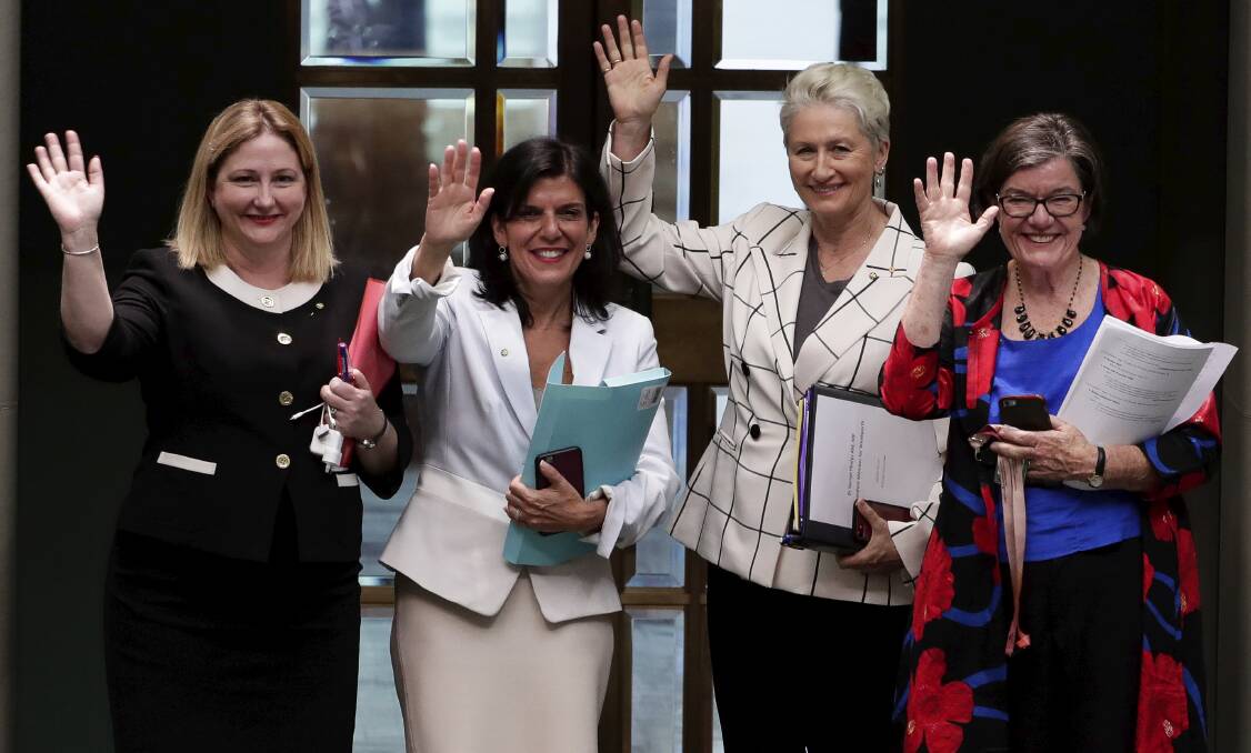 GOODBYE 2018: Crossbench MPs Rebekha Sharkie, Julia Banks, Kerryn Phelps and Cathy McGowan exit the chamber after the year's last question time this week.  Picture: ALEX ELLINGHAUSEN