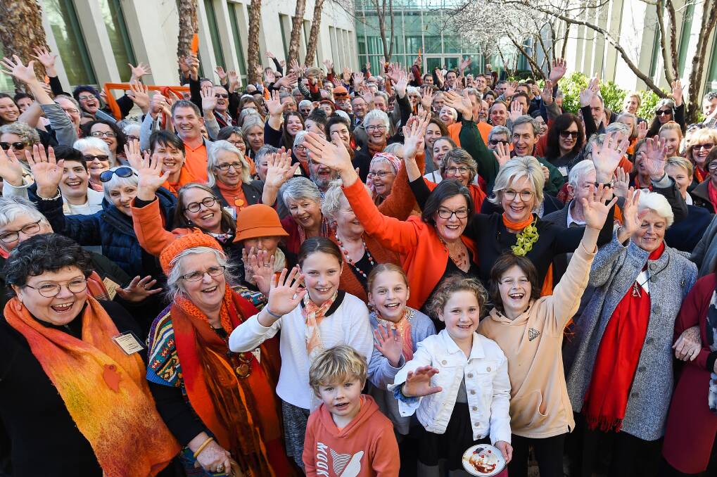 AN ORANGE DAY: Helen Haines had plenty of support for her maiden speech at Parliament House. Pictures: MARK JESSER