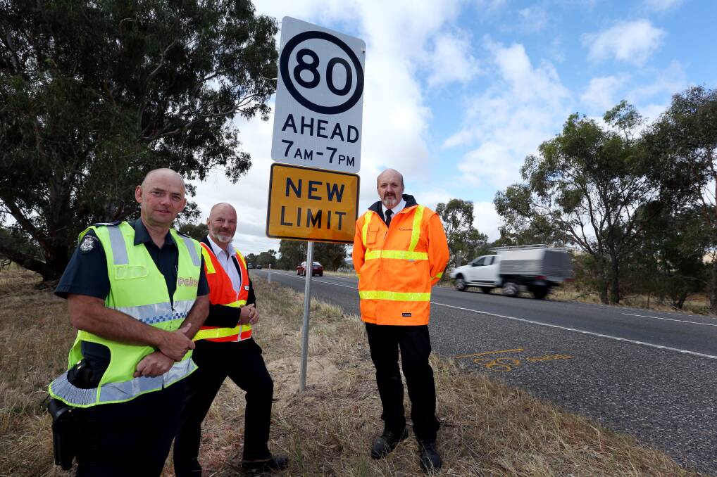 LOWER SPEED LIMIT: Cameron Roberts, Mike Fraser and Bryan Sherritt hoped a new speed limit would reduce the number of serious crashes at a dangerous Wodonga intersection.