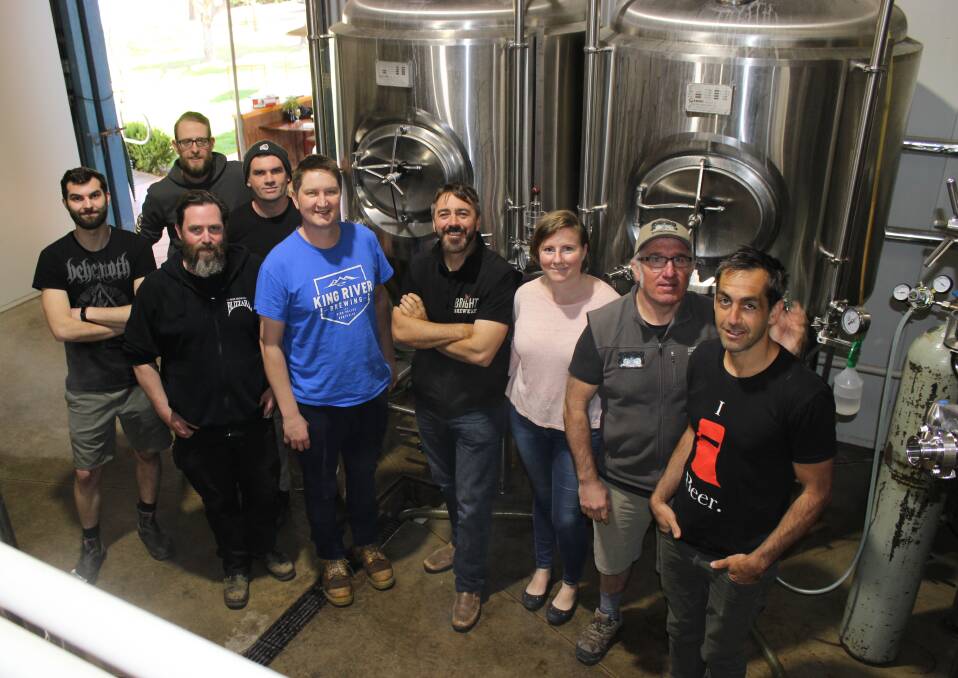 HIGH COUNTRY BREWERS: James Booth, Sam White, Richard Chamberlin, Dave Stokie, Nathan Munt, Scott Brandon, Brianna Munt, Pete Hull and Ben Kraus started brewing on Tuesday. Picture: TOURISM NORTH EAST