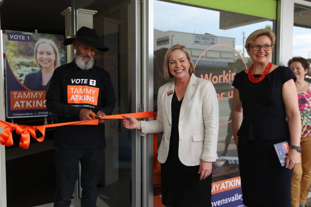 OFF AND RUNNING: Tammy Atkins, pictured at Tuesday's office opening with Ken Fletcher and Susan Benedyka, has encouraged people to visit her Murphy Street office. Pictures: SHANA MORGAN