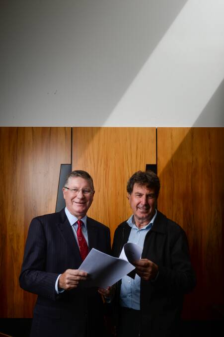 FIGHT FOR A FAIR GO: Denis Napthine and Phil Brown from the Country Education Partnership meeting in Wangaratta yesterday. Picture: MARK JESSER