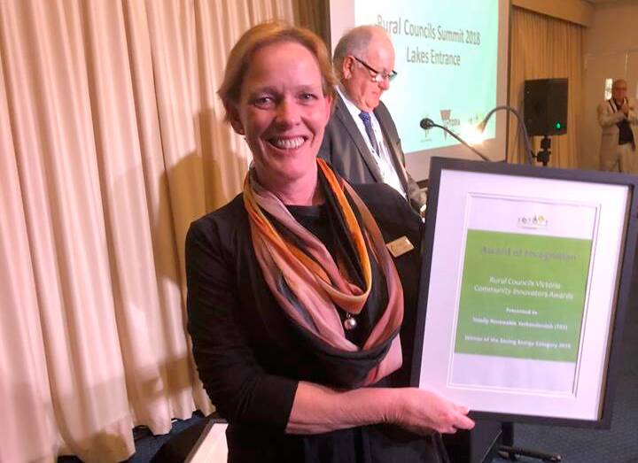 RECOGNITION: Indigo Council mayor Jenny O'Connor accepted Totally Renewable Yackandandah's community innovators award on the weekend.