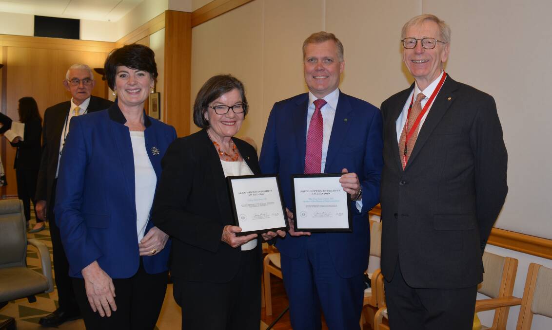 DUO OF INTEGRITY: ART chair Fiona McLeod (left) and retired High Court Justice Kenneth Hayne (right) presented awards to Cathy McGowan and Speaker Tony Smith.