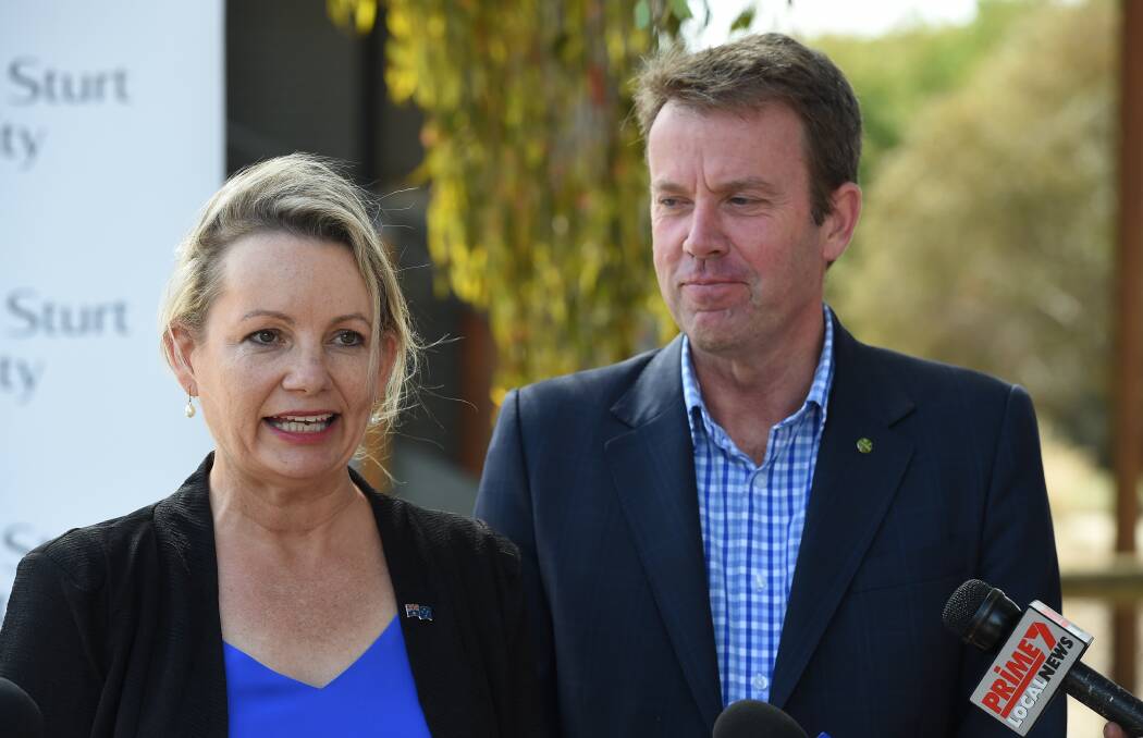 Farrer MP Sussan Ley and Education Minister Dan Tehan in Albury on Monday.