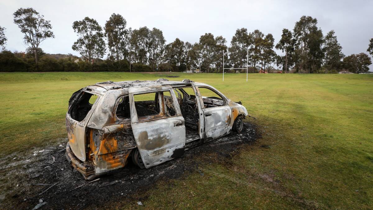CAR DESTROYED: Thieves set the car on fire in West Albury just after 1am where it remained the next day.