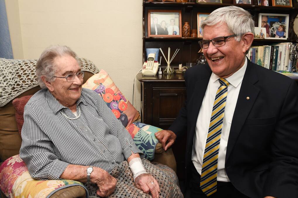GOOD SERVICE: St Catherine's Hostel resident Barbara French had a chat to Aged Care Minister Ken Wyatt during his visit. Pictures: MARK JESSER