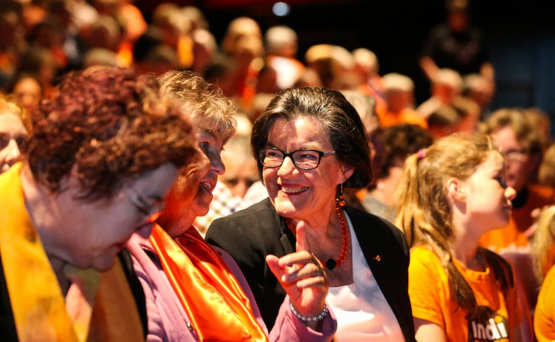 Cathy McGowan and her orange "team" in 2016.