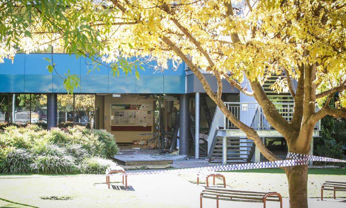 SERIOUS DAMAGE: Wodonga TAFE was left with a big clean up in May when the doors of its building was ram-raided. Jack McLean was arrested yesterday and charged with burglary. 