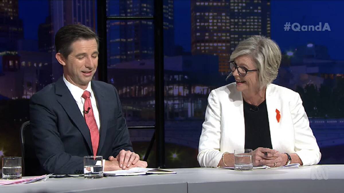 HOLDING HER OWN: Senator Simon Birmingham and Indi independent candidate Helen Haines engaging during their appearance on Q and A.