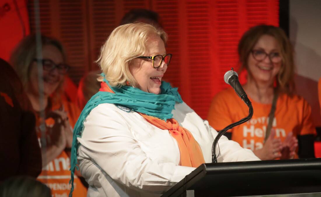 LEADER FOR CHANGE: Voices For Indi's Alana Johnson addressed the Helen Haines election party on Saturday.