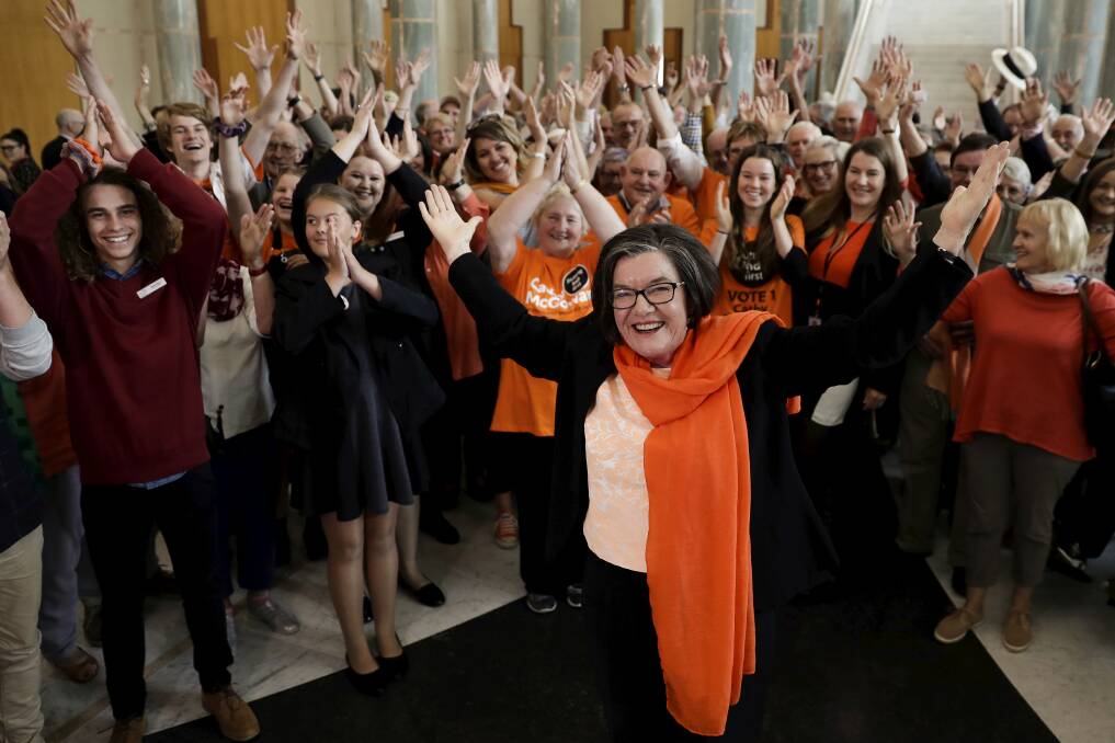 OVER AND OUT: Supporters and fellow MP surrounded Indi MP Cathy McGowan in Parliament on Thursday after her valedictory speech. Pictures: ALEX ELLINGHAUSEN and DOMINIC LORRIMER