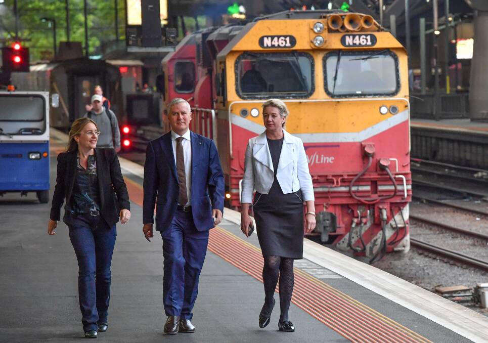 COLLABORATION: Victorian Public Transport Minister Jacinta Allan, with Deputy Prime Minister Michael McCormack and Senator Bridget McKenzie at Friday's announcement in Melbourne. Picture: JOE ARMAO