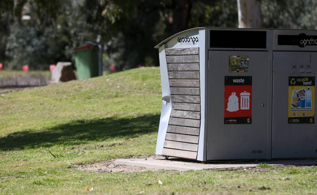 EXPENSIVE VANDALISM: Bins and other structures at Willow Park were left damaged by hoon activity over the weekend. Pictures: TARA TREWHELLA