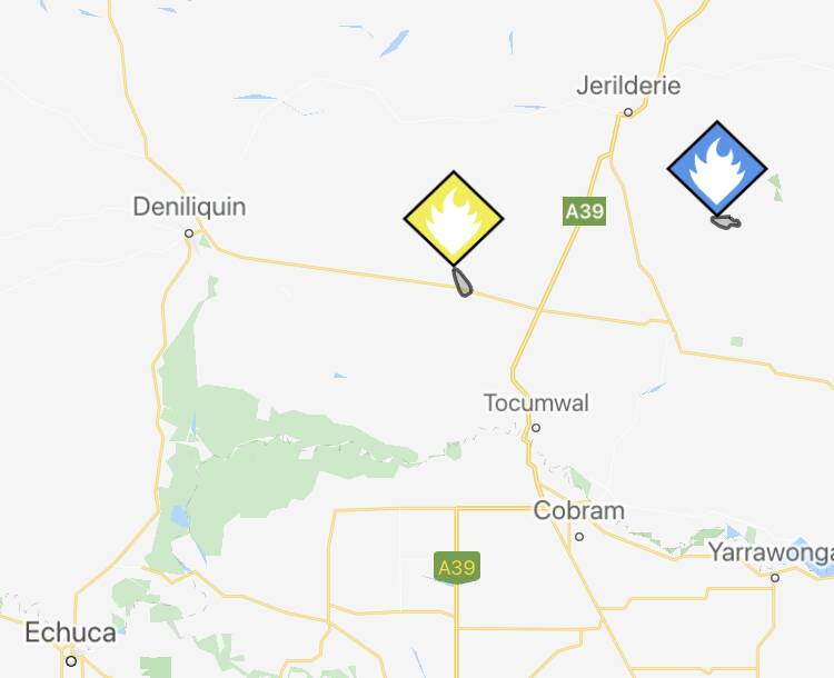 The Fires Near Me App is showing a large grass fire burning out-of-control near Deniliquin.