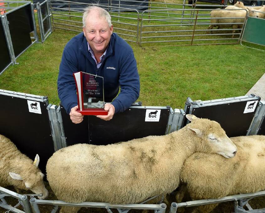ON A WINNER: Urana farmer Charlie Webb with his Back Up Charlie sheep handling system during a successful Henty Field Days in September. Picture: MARK JESSER