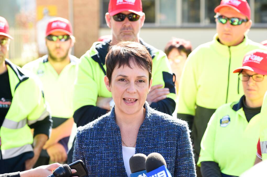 HEAR US: Minister for Agriculture and Regional Development Jaala Pulford met with staff at Murray Goulburn's Kiewa factory. Picture: MARK JESSER