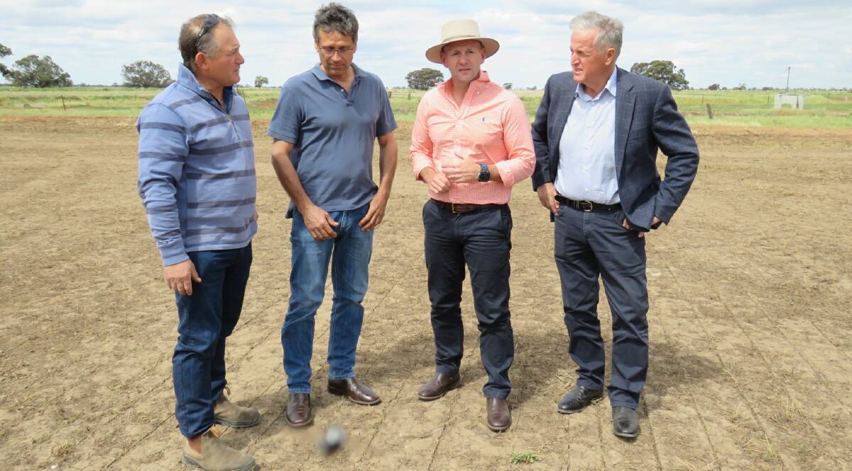 TROUBLED WATER: Rice Growers Deniliquin branch president Nick Morona, Rice Growers president Jeremy Morton, Niall Blair and SunRice chairman Laurie Arthur in the Riverina region last month.