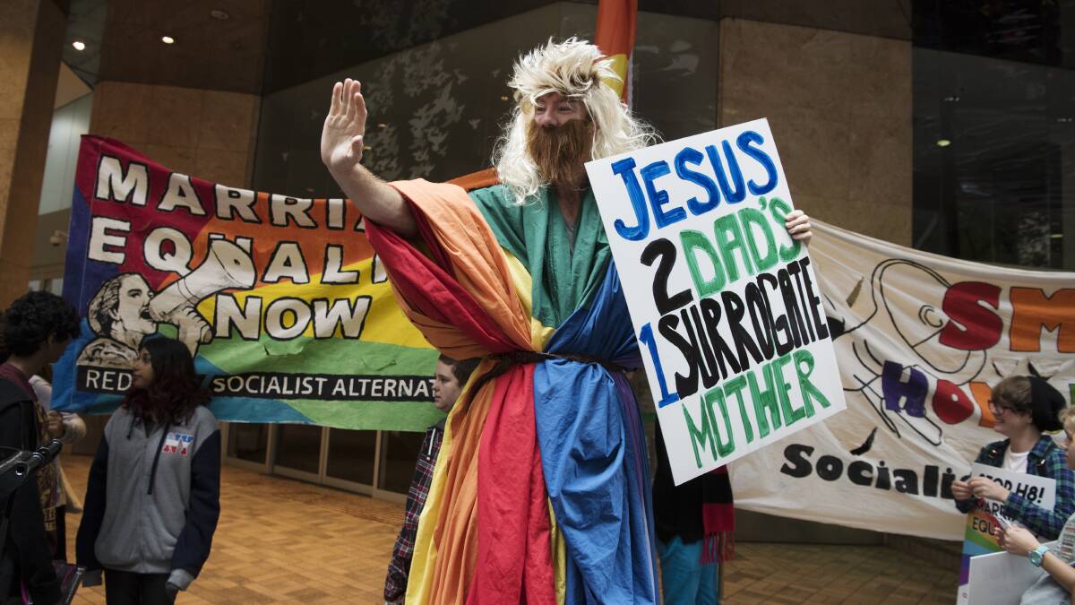 INFLUENTIAL: Protesters outside the April conference of the Australian Christian Lobby, which will play a role in this year's federal election.