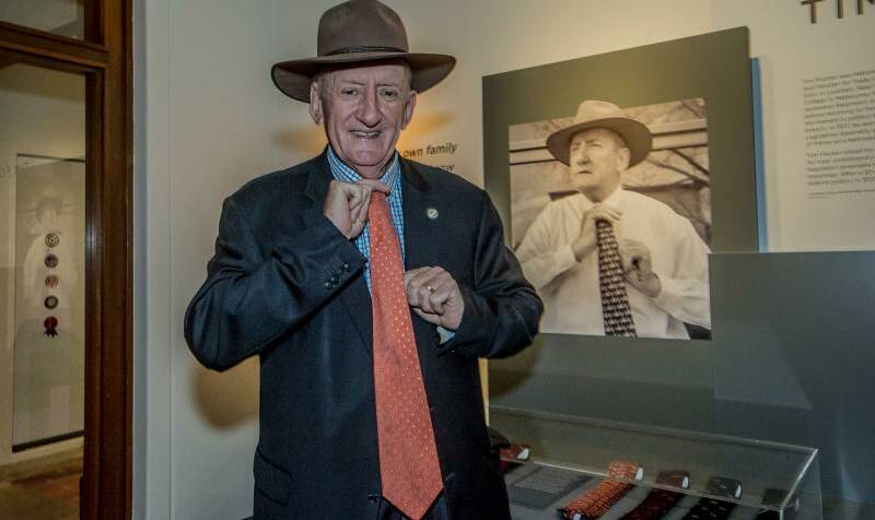 Tim Fischer and some of his tie collection. Photo: Karleen Minney 