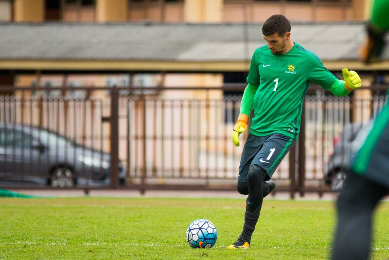 Mat Ryan at Socceroos training in Malaysia before their World Cup qualifier first leg against Syria.Photo: AAP