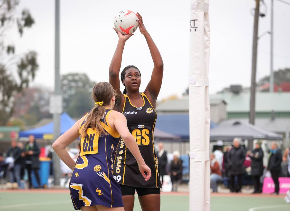 ON TARGET: Ovens and Murray's Christine Oguche lines up the shot against Albury during the under-17 clash at Albury's J.C King Park on Sunday for the North East Zone Association Championships. Picture: JAMES WILTSHIRE