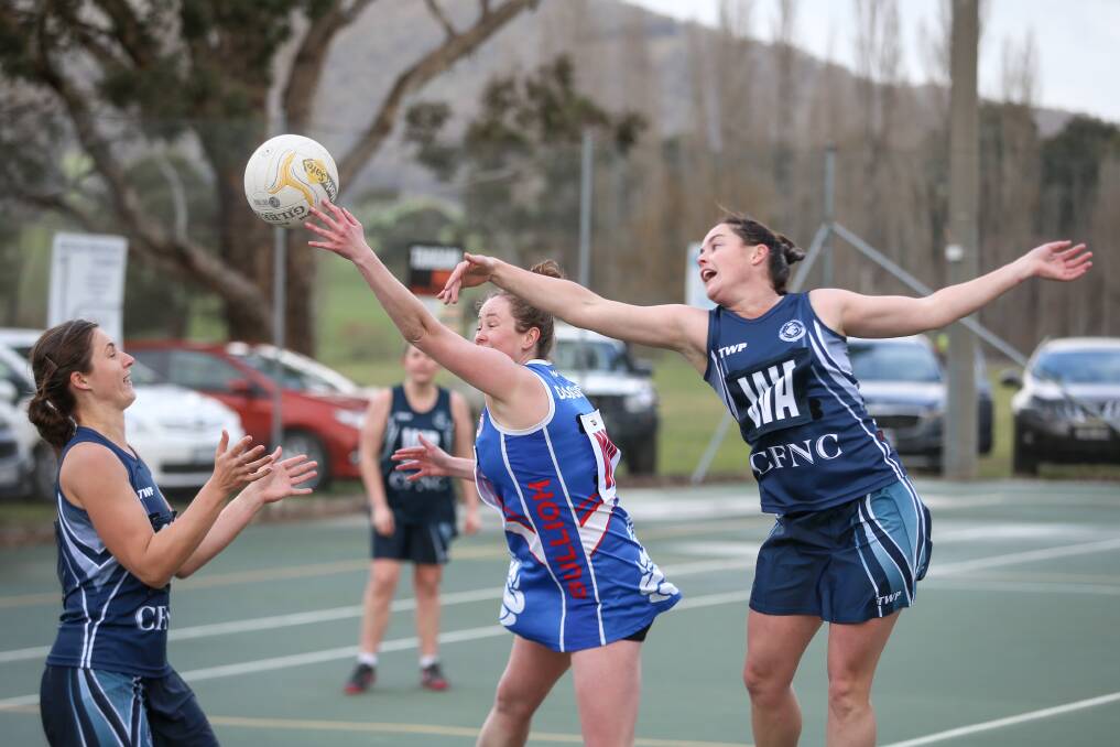 Bullioh's Bridie Glass and Cudgewa's Meg Nankervis go head to head in the midcourt during their game in the Tallangatta Valley on Saturday. Picture: JAMES WILTSHIRE.