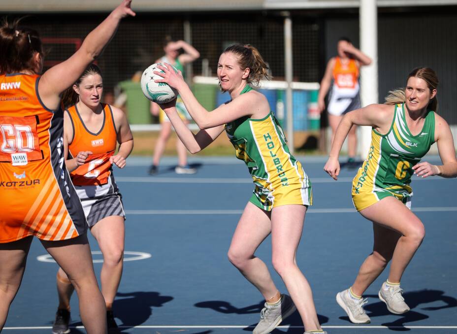 DETERMINATION: Holbrook goal attack Claire Marriott helped the Brookers to a 15 goal win against the Giants at Walla Walla on Saturday. Picture: JAMES WILTSHIRE