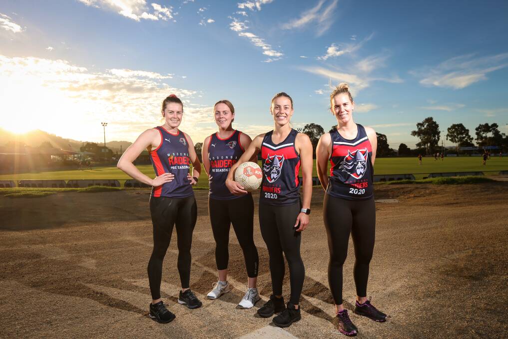 FIRST GAME: Meg Smith, Julia Clarke, Georgia Haines and Ellie Gleeson have joined Raiders this season. Picture: JAMES WILTSHIRE