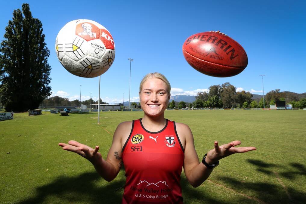 STAR: Amie Antonello was runner-up in the open women's football best and fairest, while also playing A-grade netball for Myrtleford this season. Picture: JAMES WILTSHIRE