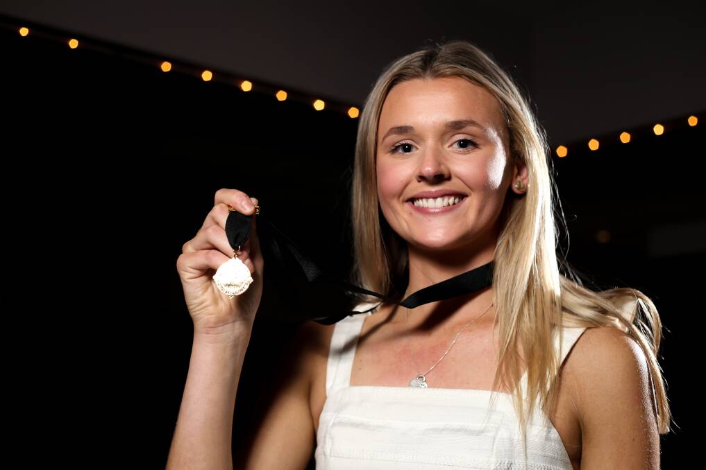 ACCOLADE: Sophie Hanrahan pictured after claiming her second consecutive Toni Wilson Medal back in 2019. The star defender has taken out Corowa-Rutherglen's A-grade best and fairest award this season.