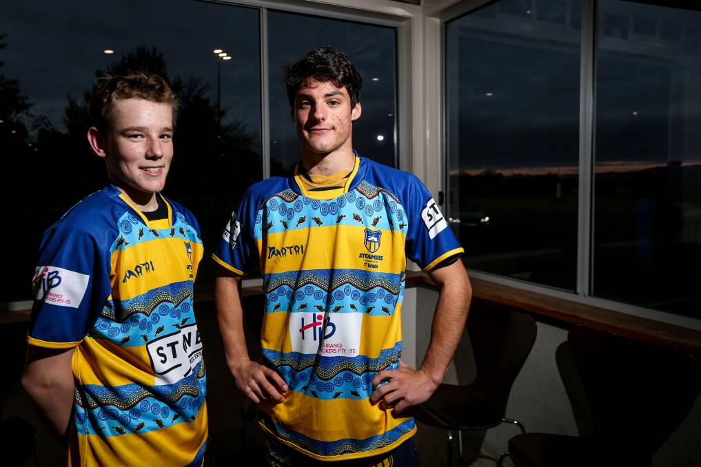 NEW LOOK: Steamers' juniors Henry Gulliver and Alex Achillea showcasing the Indigenous jumper the home side will wear this weekend. Picture: JAMES WILTSHIRE.