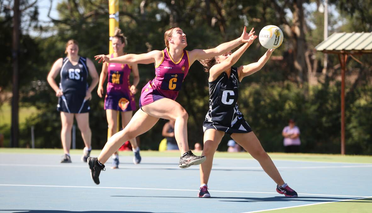 LION LEAP: Wahgunyah's Ally Halton in action during round one of the Tallangatta and District Netball competition this season. Halton claimed the club's best and fairest award alongside teammate Grace Eales.