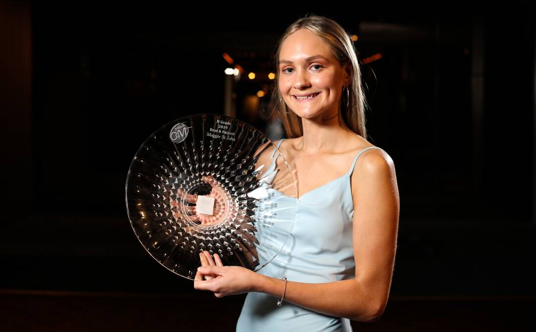 TOP HONOUR: Wodonga Raiders Maggie St John was awarded B-grade best and fairest two votes clear of runner-up Roos' Eloise Maddox. Picture: JAMES WILTSHIRE.