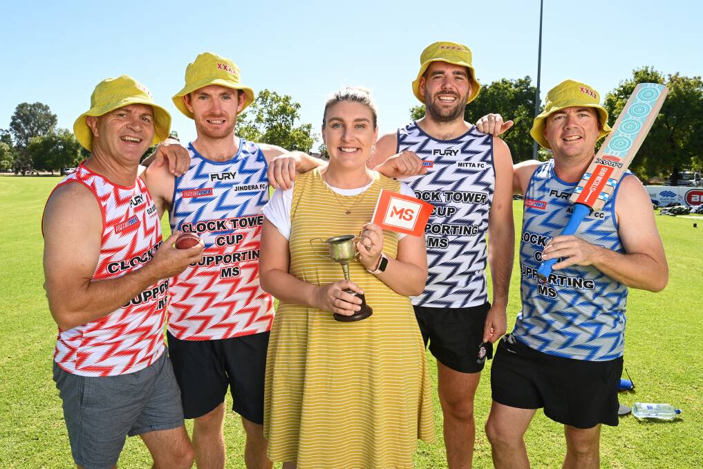 Cricket captains Andy Stuart (Old Dogs), Matt Crawshaw (Jindera), Jackson Heagney-Steart (Mitta) and Cam Walker (Albury CC) with Rhian Dower at the MS Awareness Cricket Day. Picture: MARK JESSER